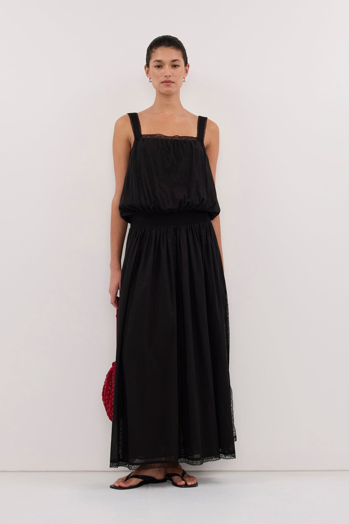 ROSIN BLACK SHIRRED LACE MIDI DRESS