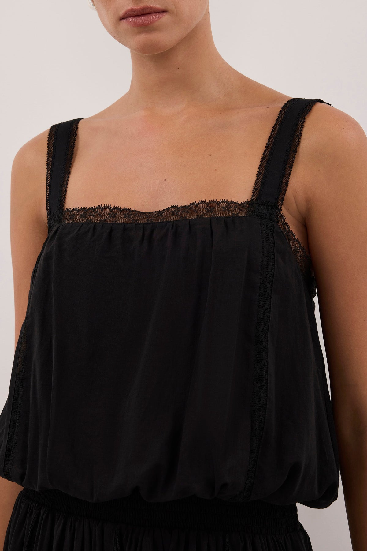 ROSIN BLACK SHIRRED LACE MIDI DRESS
