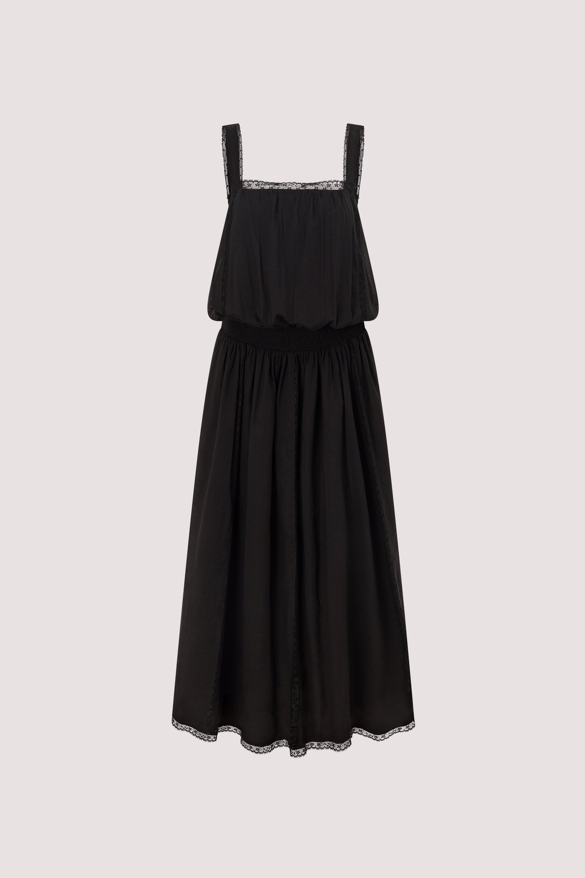 ROSIN BLACK SHIRRED LACE MIDI DRESS