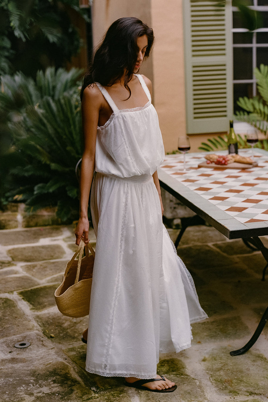 ROSIN WHITE SHIRRED LACE MIDI DRESS