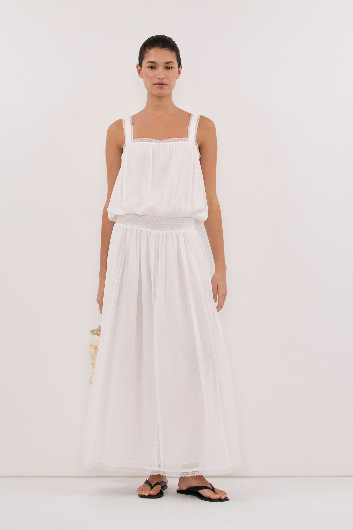 ROSIN WHITE SHIRRED LACE MIDI DRESS