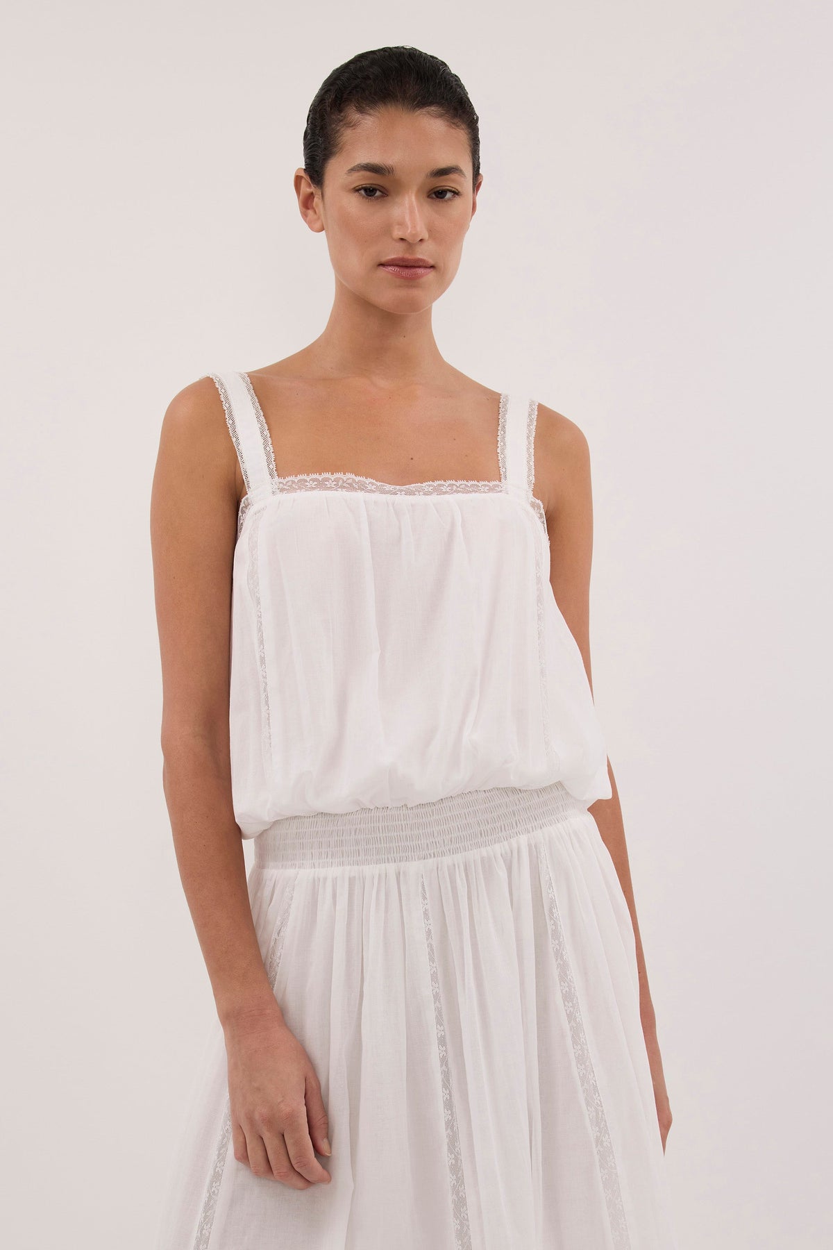 ROSIN WHITE SHIRRED LACE MIDI DRESS