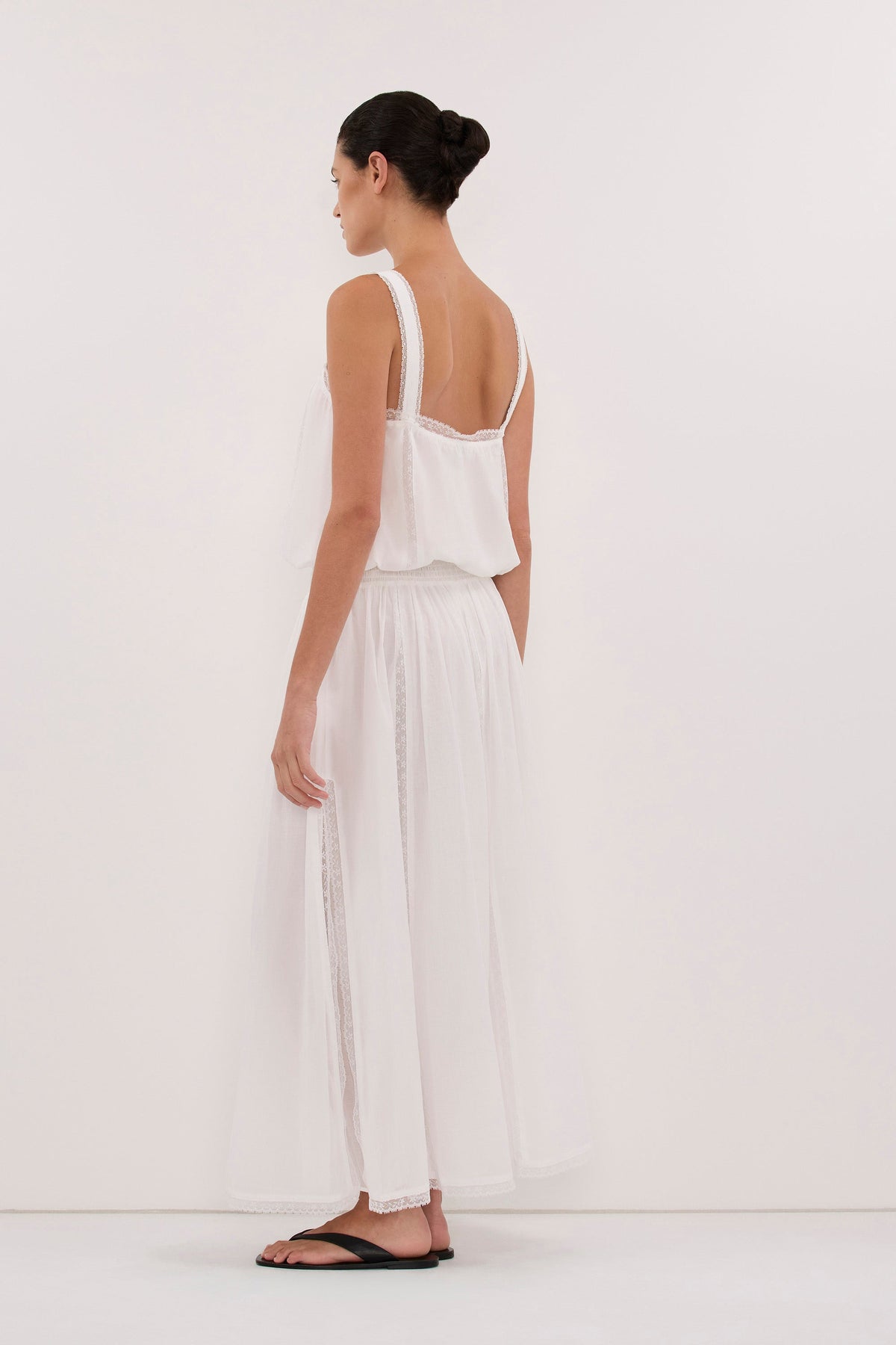 ROSIN WHITE SHIRRED LACE MIDI DRESS
