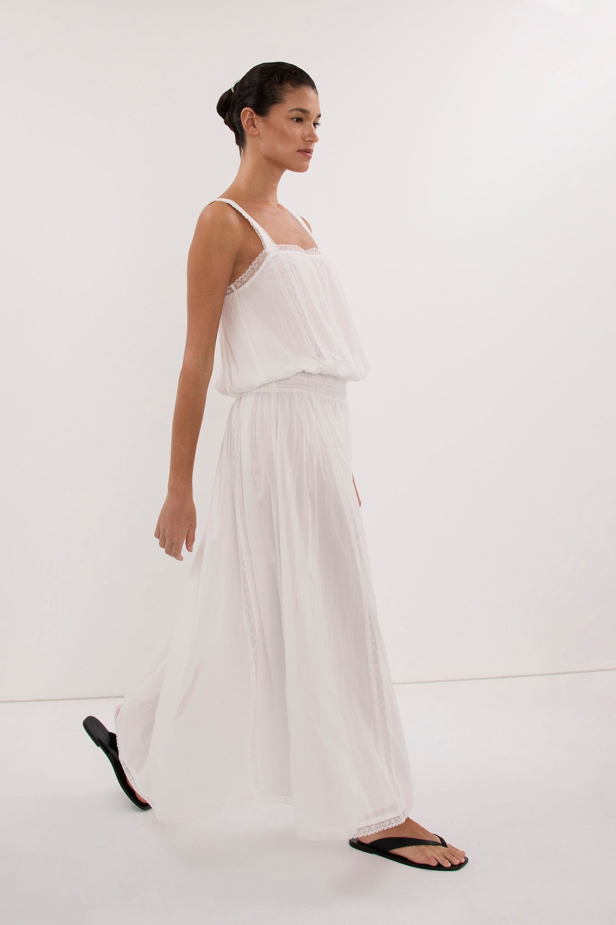 ROSIN WHITE SHIRRED LACE MIDI DRESS