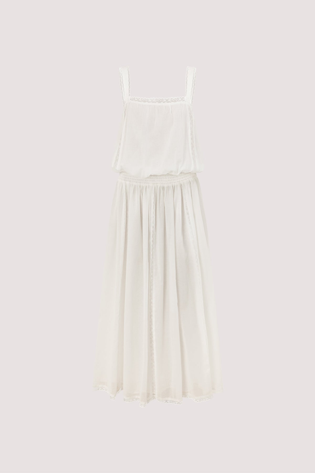 ROSIN WHITE SHIRRED LACE MIDI DRESS