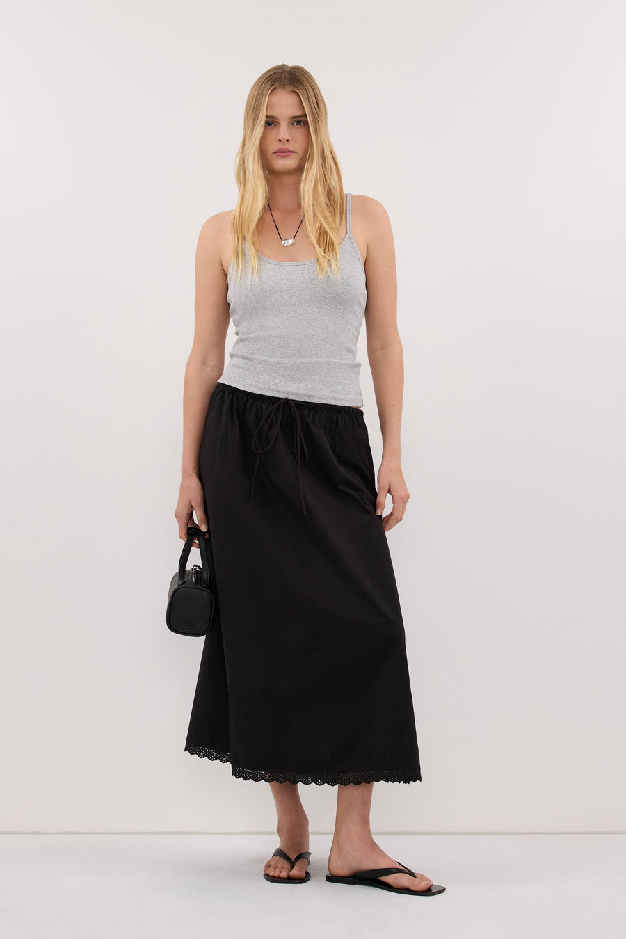ARLETTE BLACK COTTON GATHERED 7/8 SKIRT
