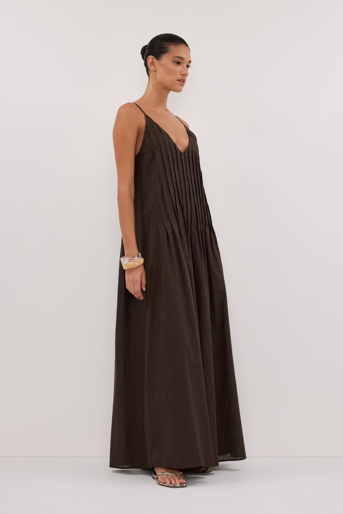 TAHLIA BITTER CHOC LINEN BLEND MAXI DRESS