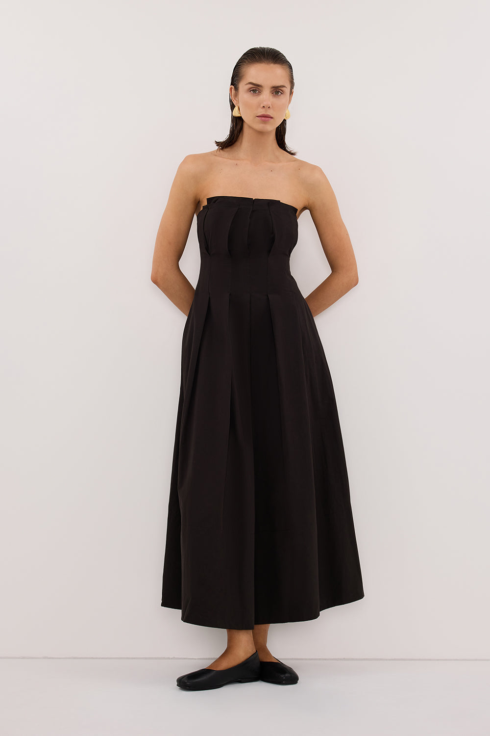 LILLY BLACK COTTON STRAPLESS MIDI DRESS