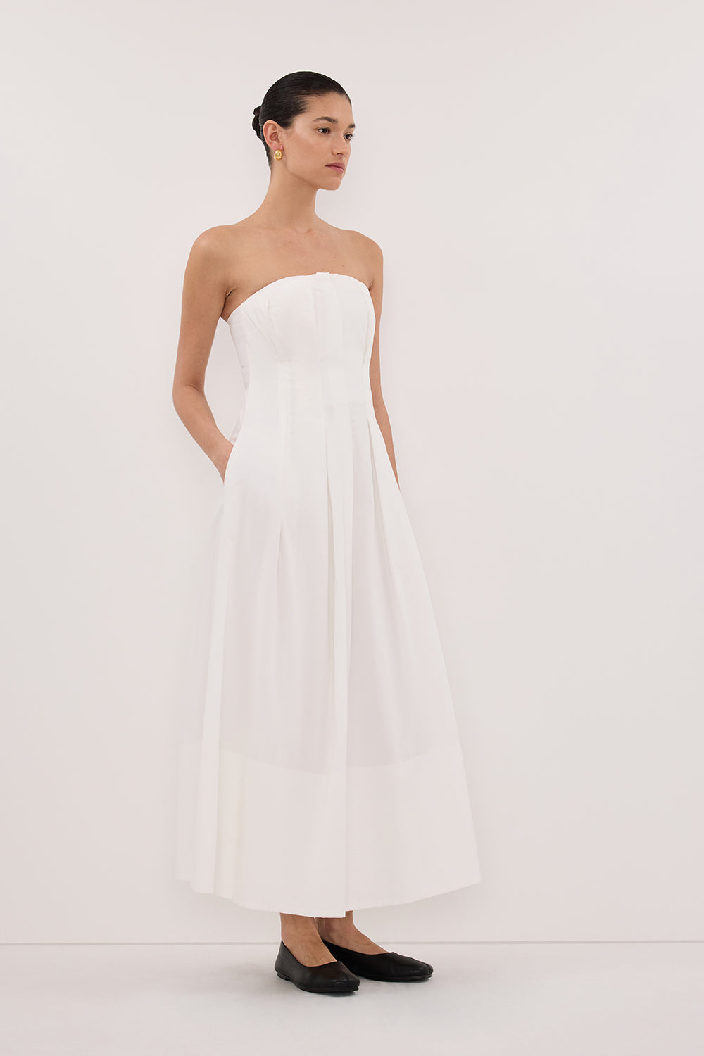 LILLY WHITE COTTON STRAPLESS MIDI DRESS