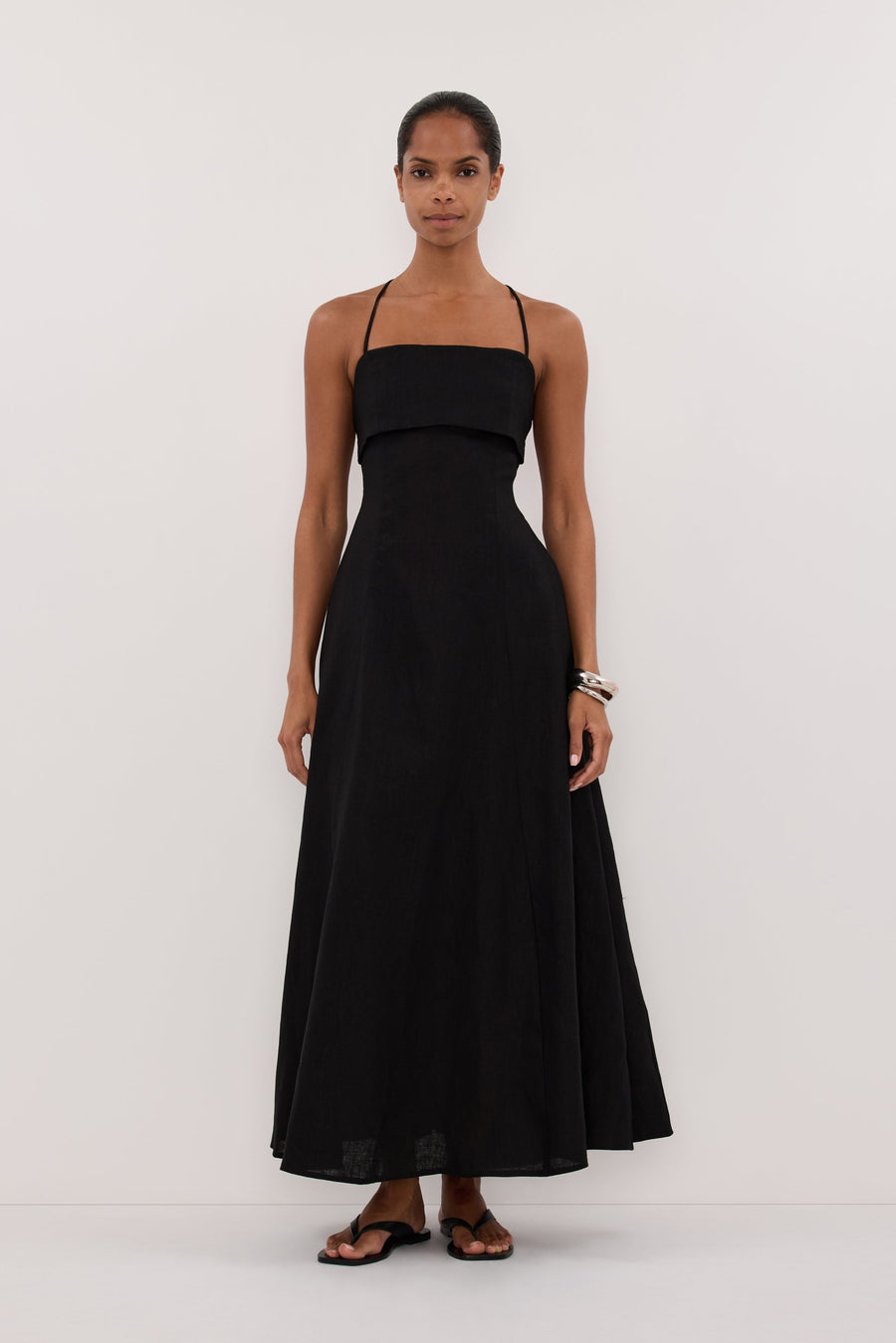 DANIELLA BLACK LINEN TIE BACK MIDI DRESS