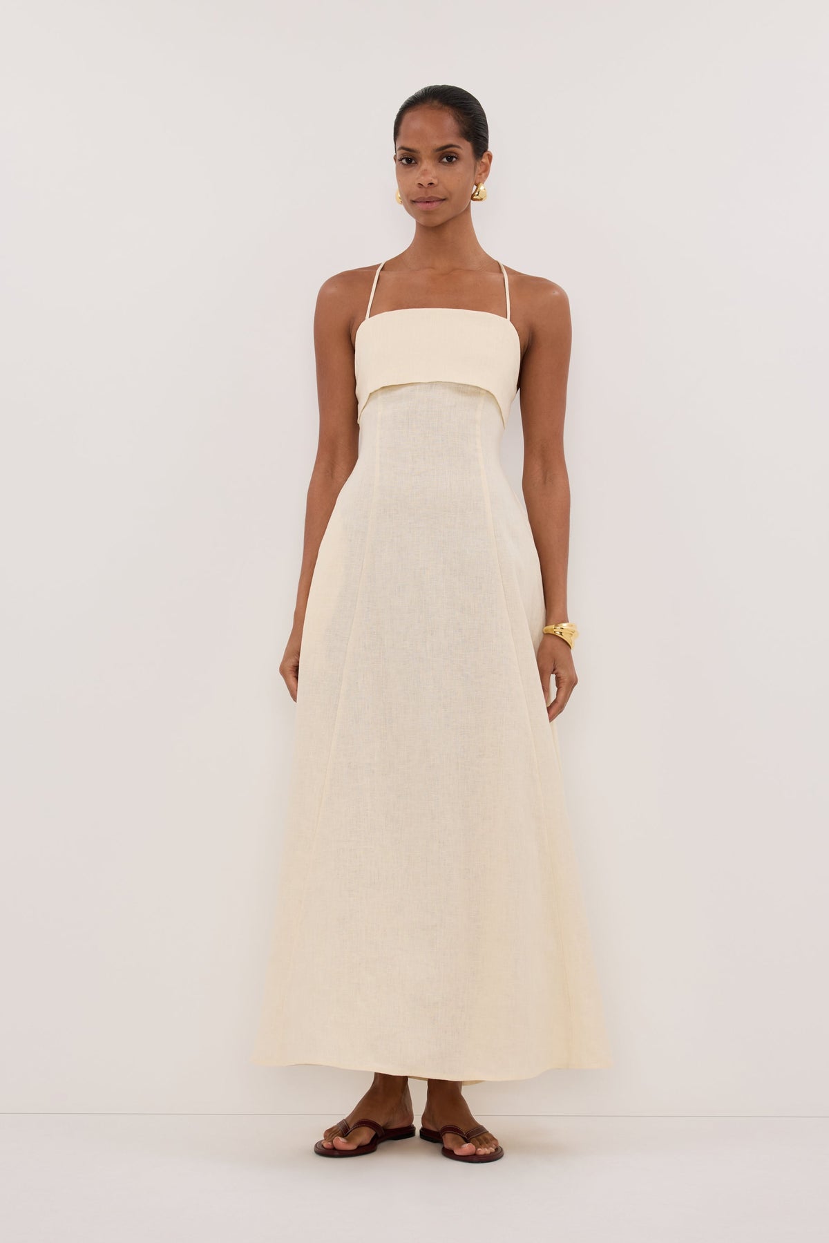 DANIELLA STRAW LINEN TIE BACK MIDI DRESS