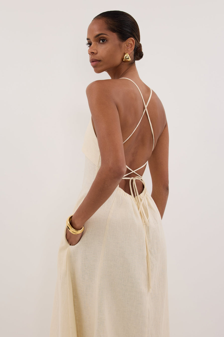 DANIELLA STRAW LINEN TIE BACK MIDI DRESS