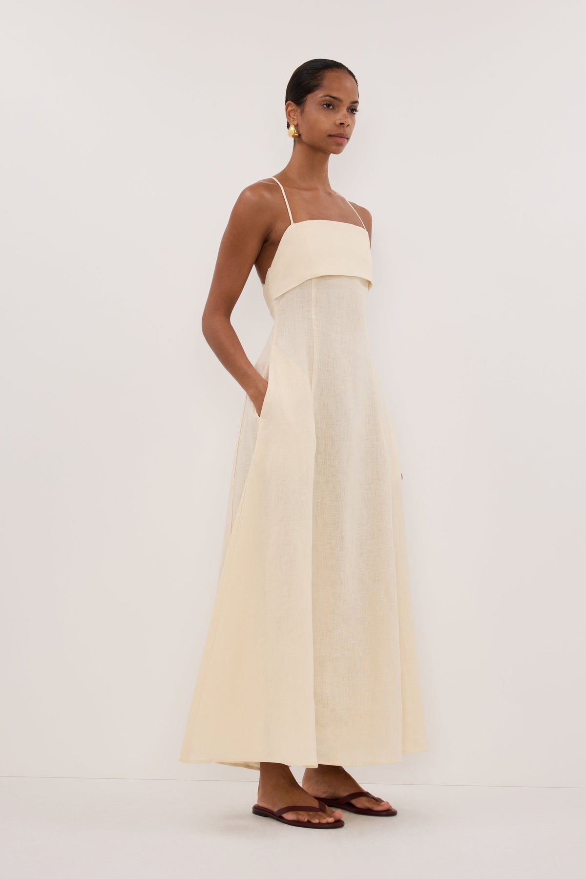 DANIELLA STRAW LINEN TIE BACK MIDI DRESS