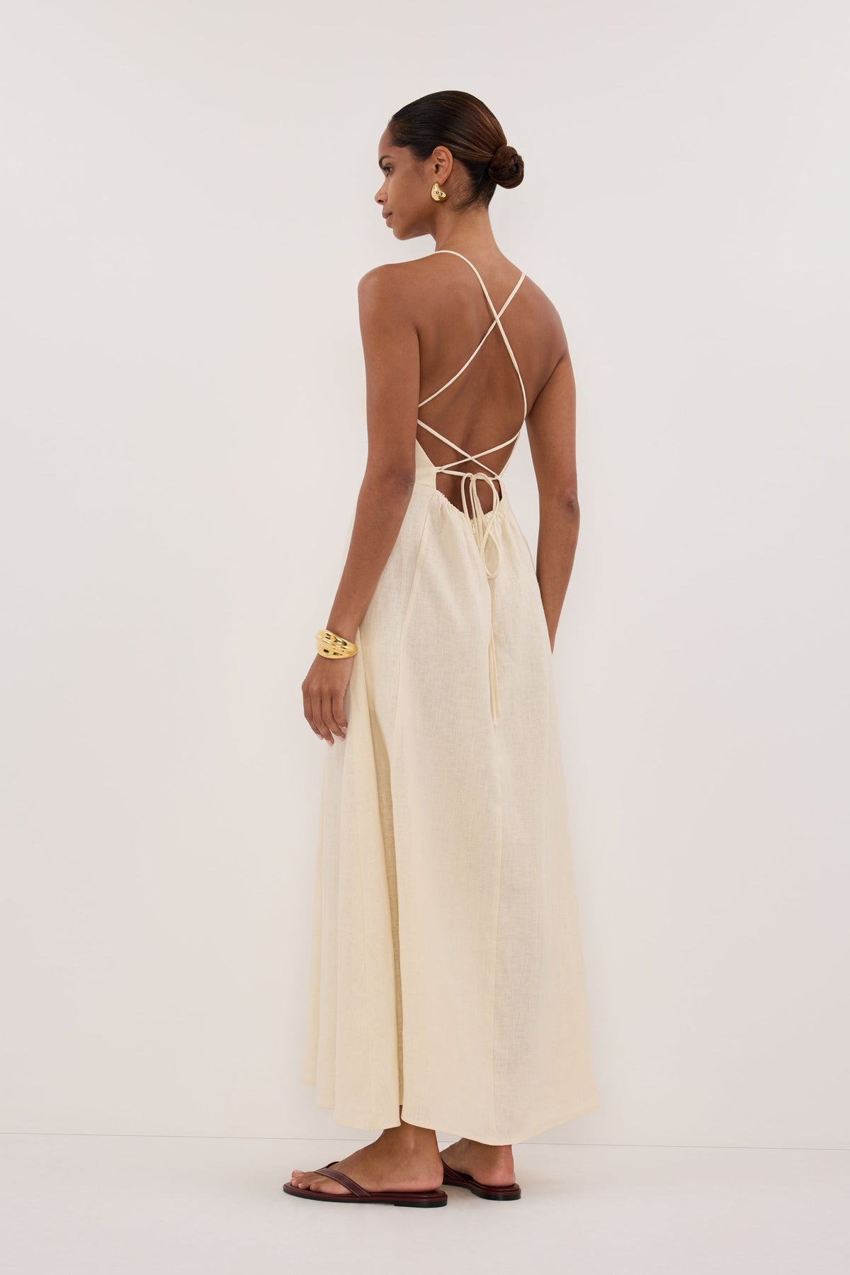 DANIELLA STRAW LINEN TIE BACK MIDI DRESS