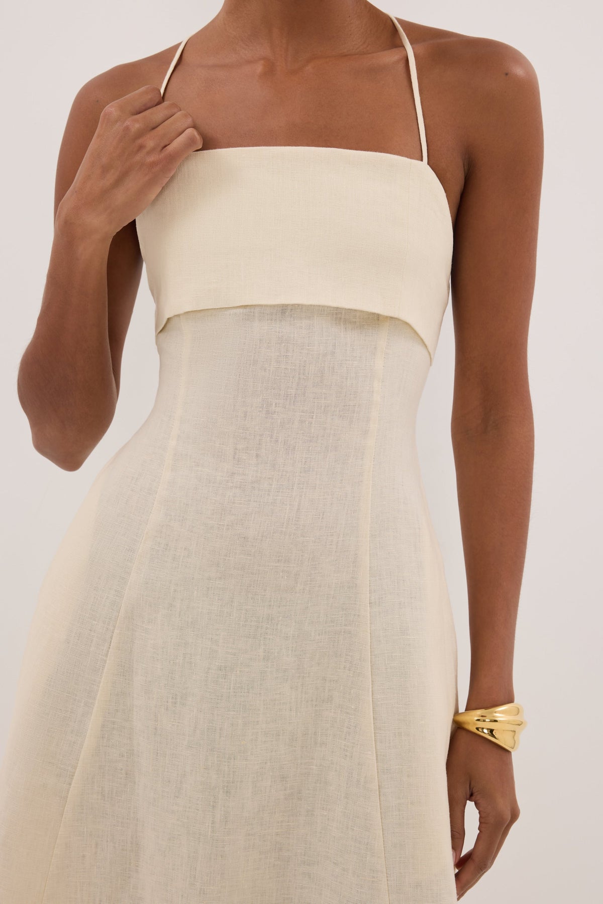 DANIELLA STRAW LINEN TIE BACK MIDI DRESS