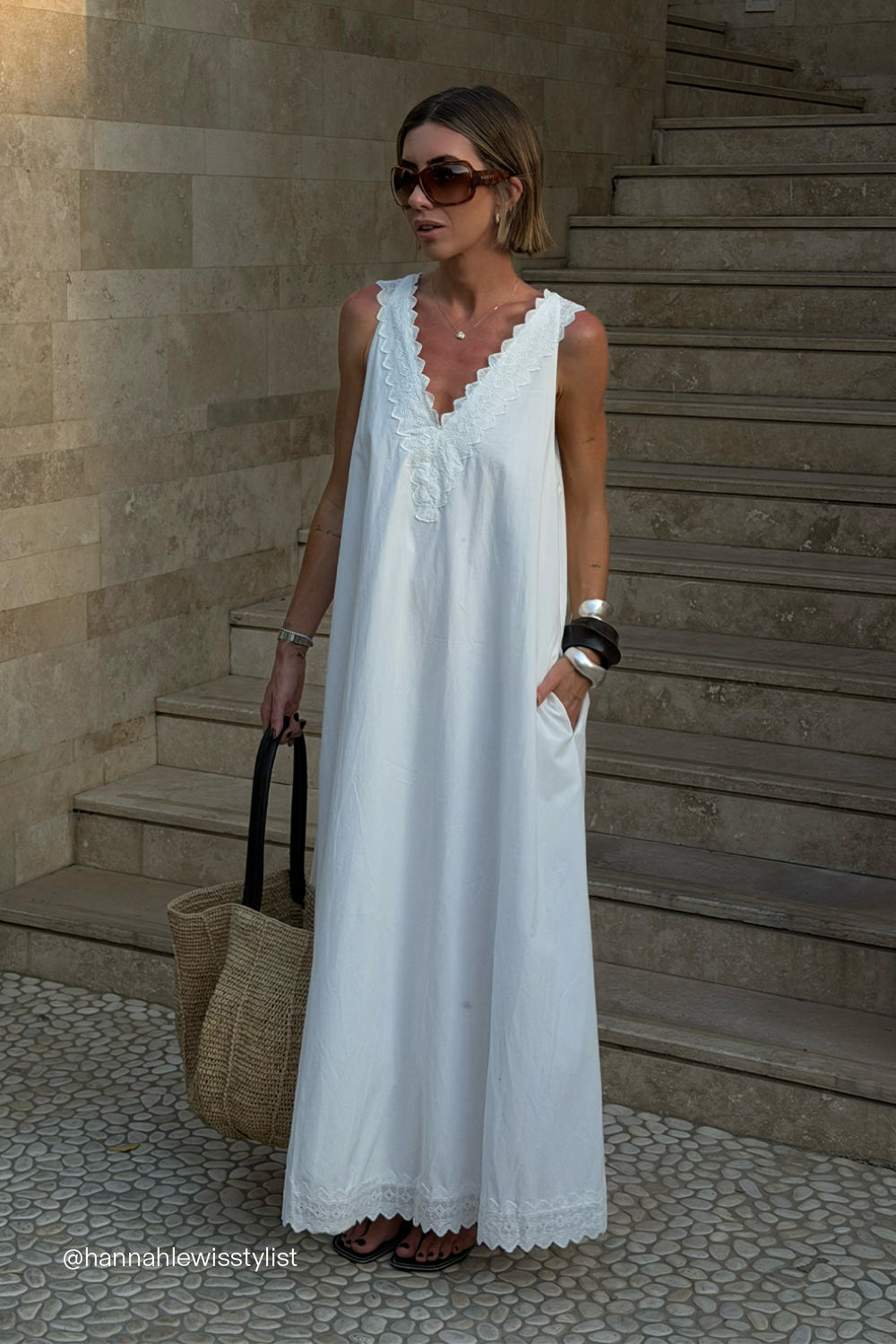 ANNABEL WHITE SLEEVELESS V NECK MIDI DRESS