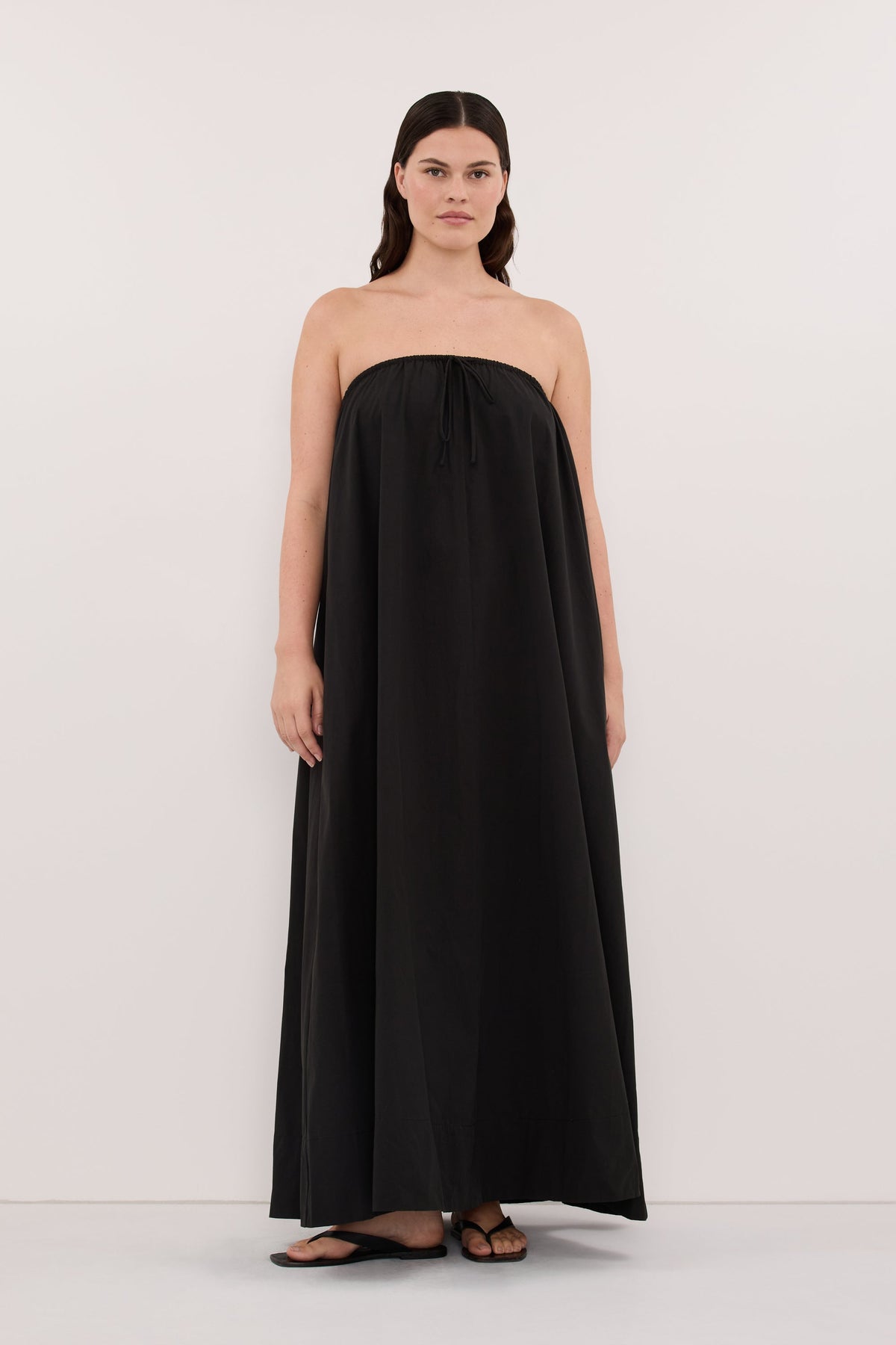 SOMMER BLACK STRAPLESS POPLIN MIDI DRESS
