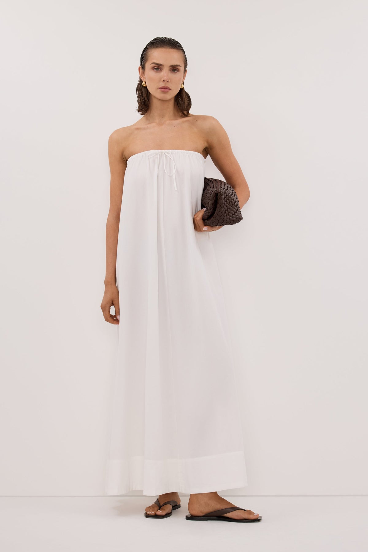 SOMMER WHITE STRAPLESS POPLIN MIDI DRESS