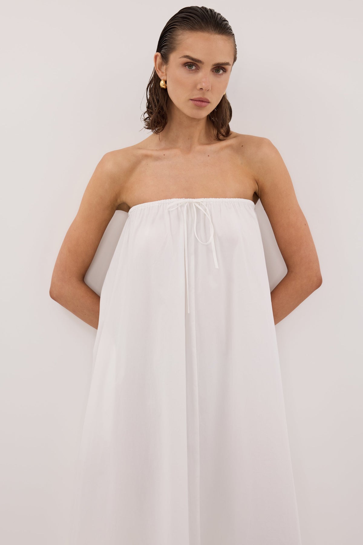 SOMMER WHITE STRAPLESS POPLIN MIDI DRESS