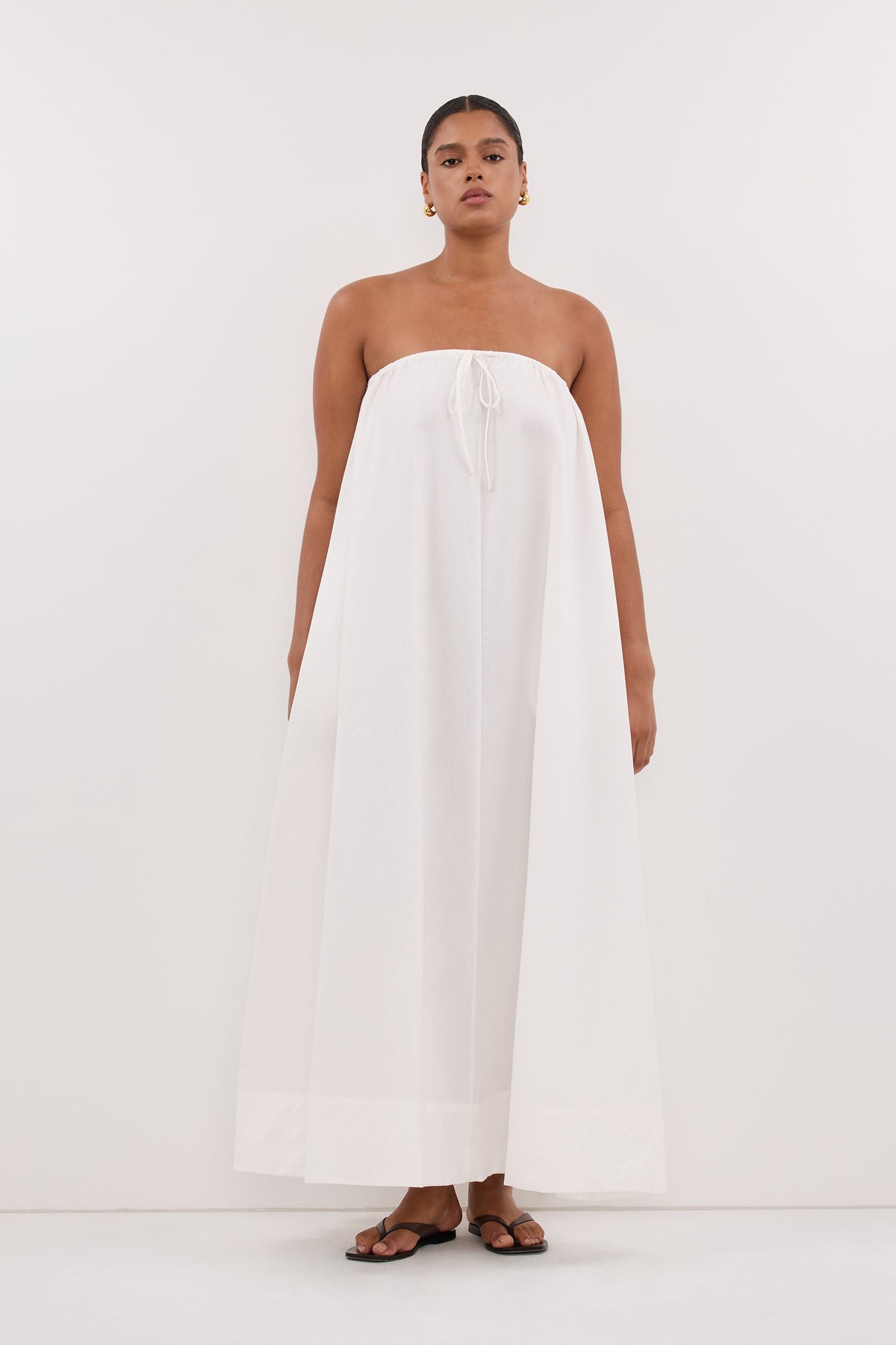 SOMMER WHITE STRAPLESS POPLIN MIDI DRESS