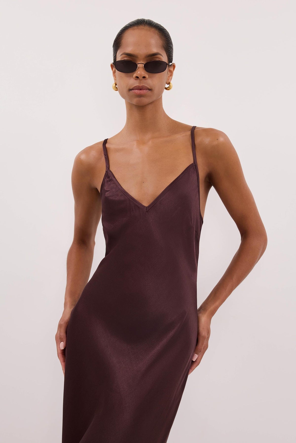JOEY PLUM CHOC SATIN MAXI DRESS