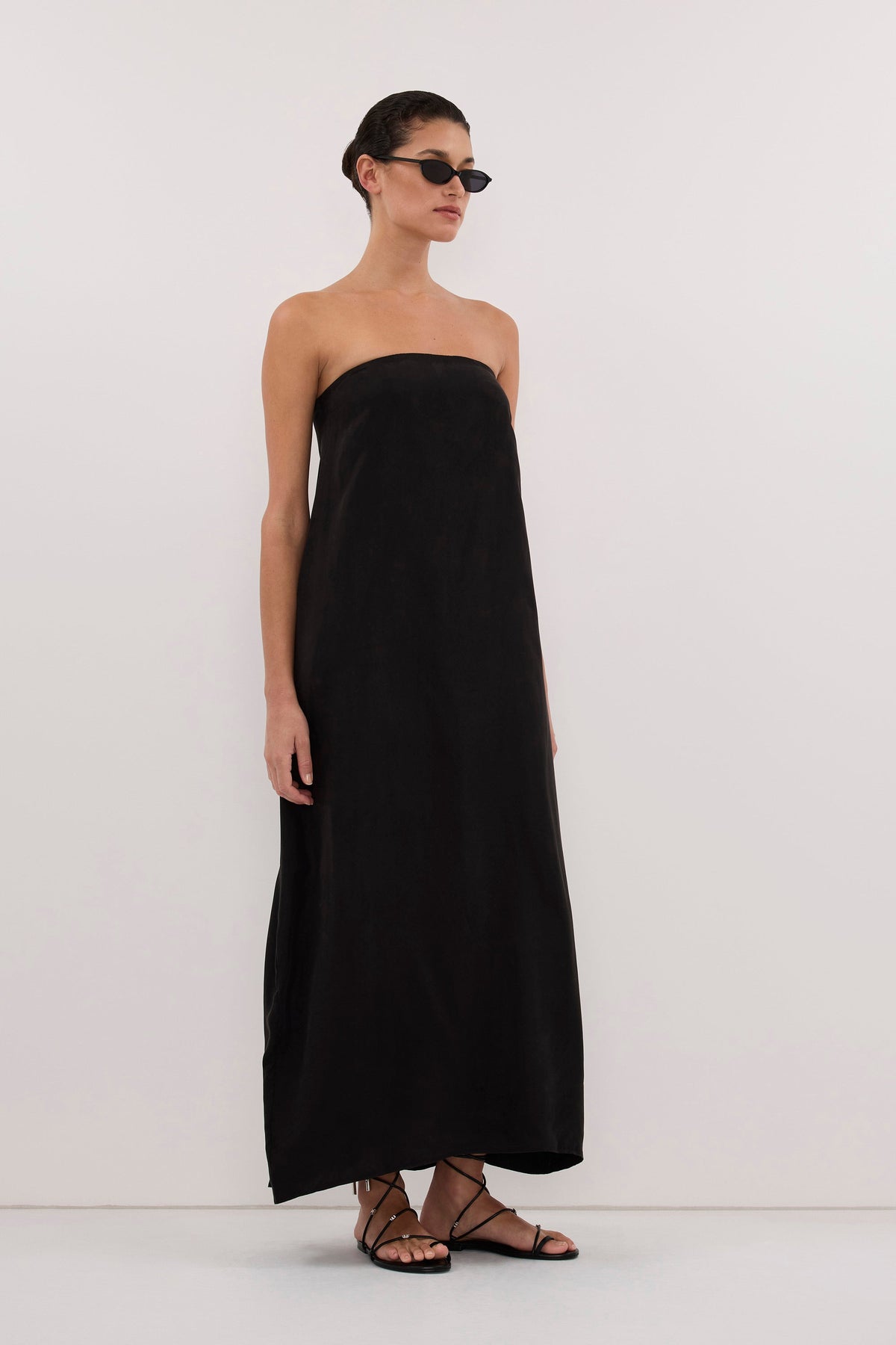 EDITH BLACK CUPRO STRAPLESS COCOON DRESS