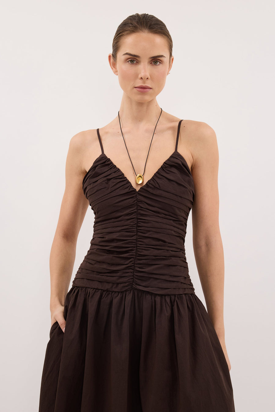 ALEXIA BURNT CHOC COTTON MIDI DRESS