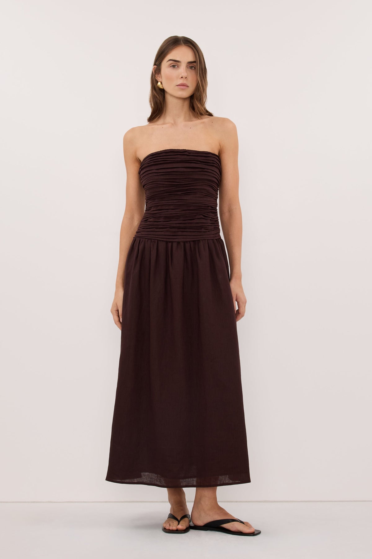 AUBRIELLA BURNT CHOC LINEN MIDI DRESS