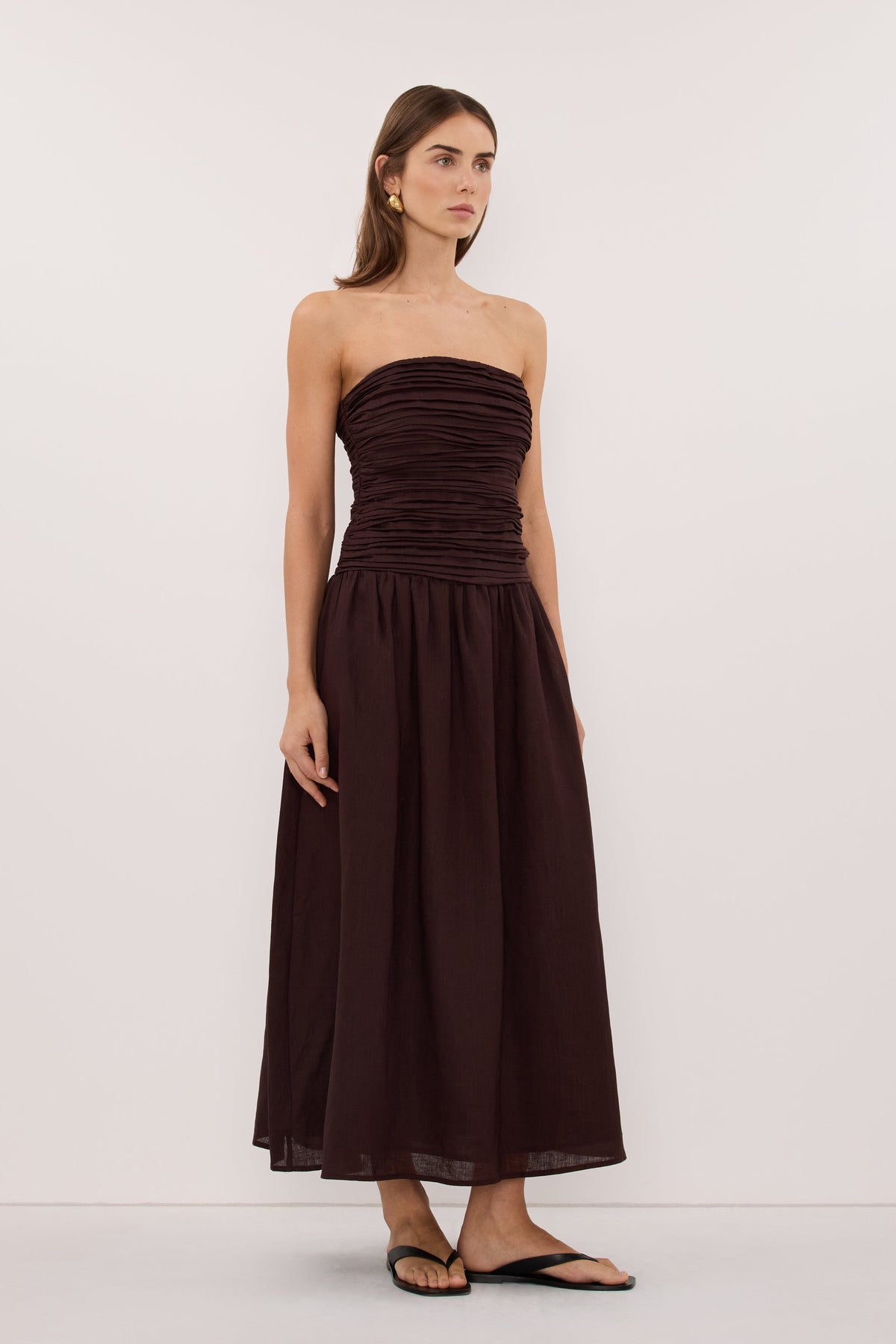 AUBRIELLA BURNT CHOC LINEN MIDI DRESS