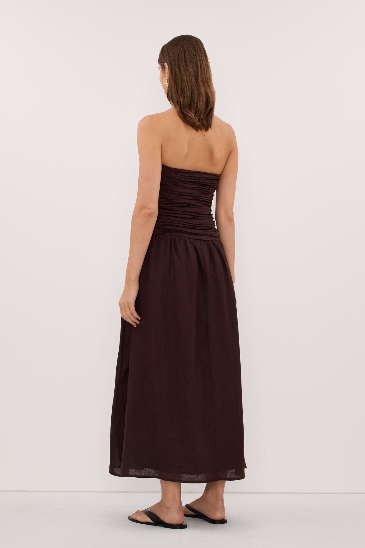 AUBRIELLA BURNT CHOC LINEN MIDI DRESS