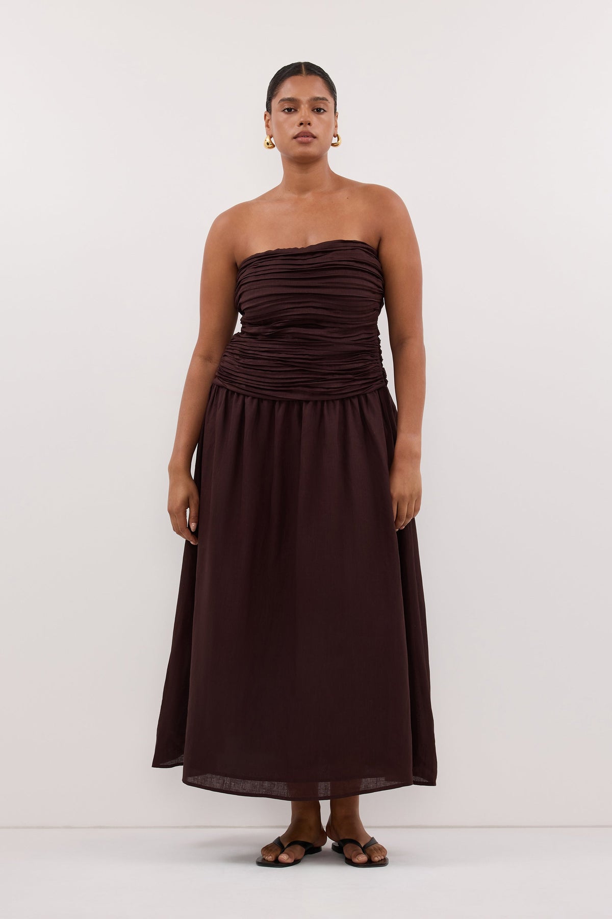 AUBRIELLA BURNT CHOC LINEN MIDI DRESS