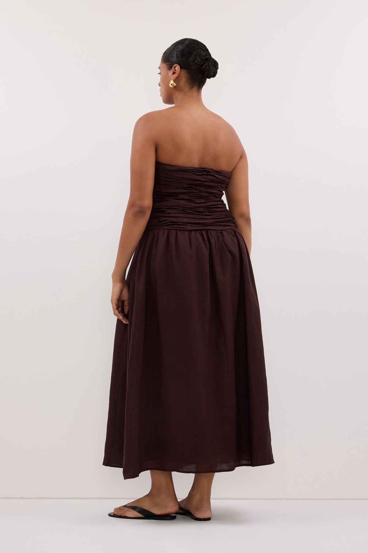 AUBRIELLA BURNT CHOC LINEN MIDI DRESS