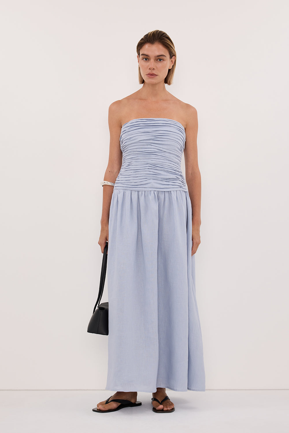 AUBRIELLA DUSTY BLUE LINEN MIDI DRESS
