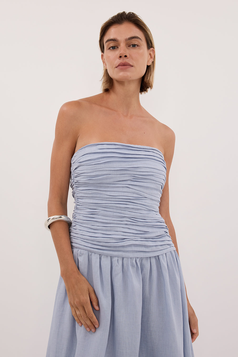 AUBRIELLA DUSTY BLUE LINEN MIDI DRESS