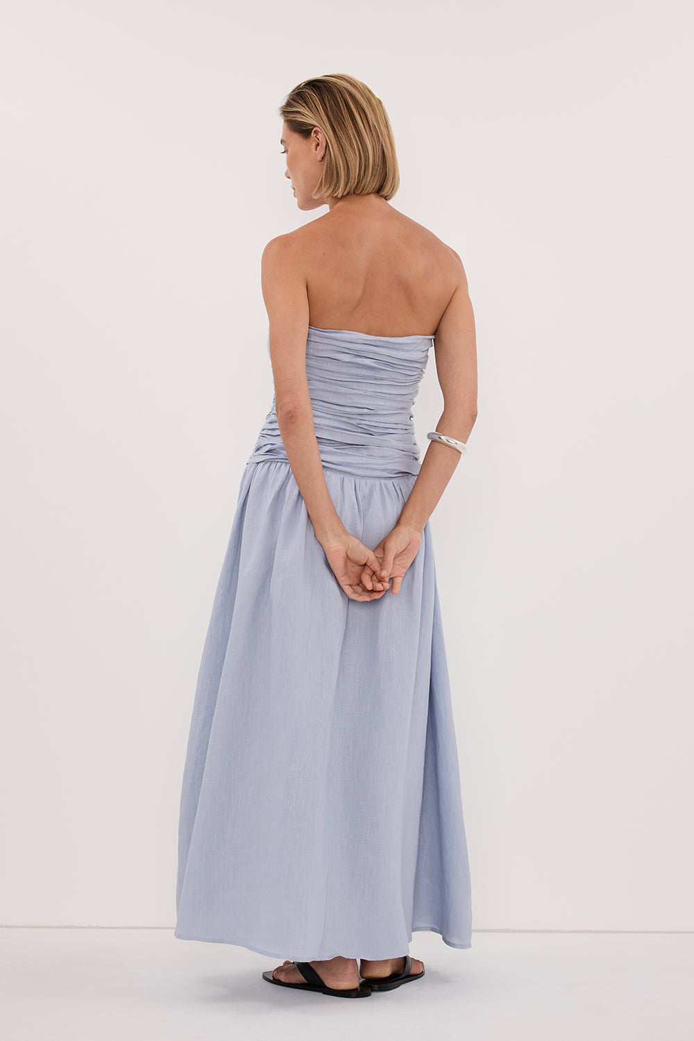 AUBRIELLA DUSTY BLUE LINEN MIDI DRESS