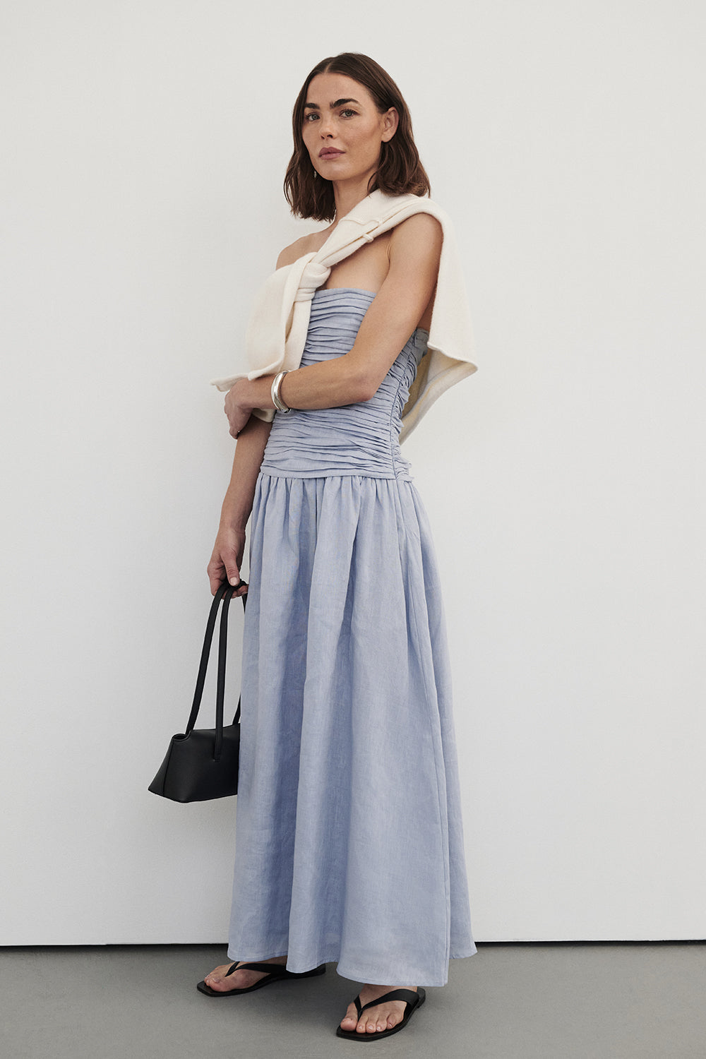 AUBRIELLA DUSTY BLUE LINEN MIDI DRESS