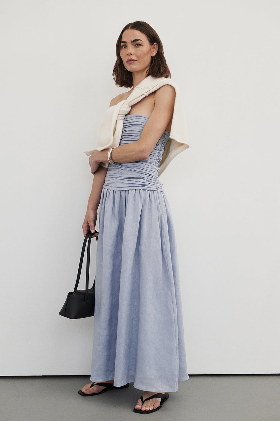 AUBRIELLA DUSTY BLUE LINEN MIDI DRESS