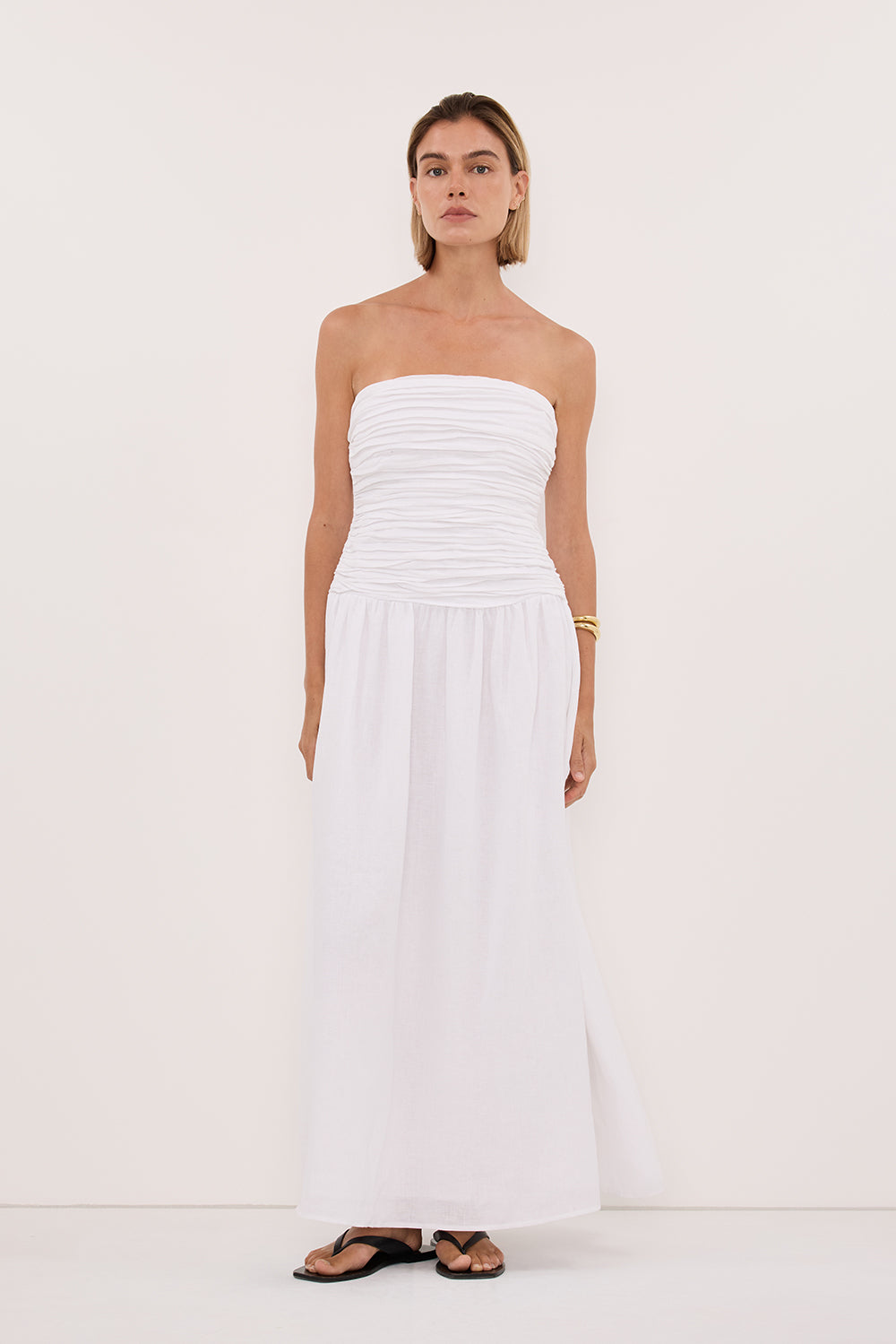 AUBRIELLA WHITE LINEN MIDI DRESS