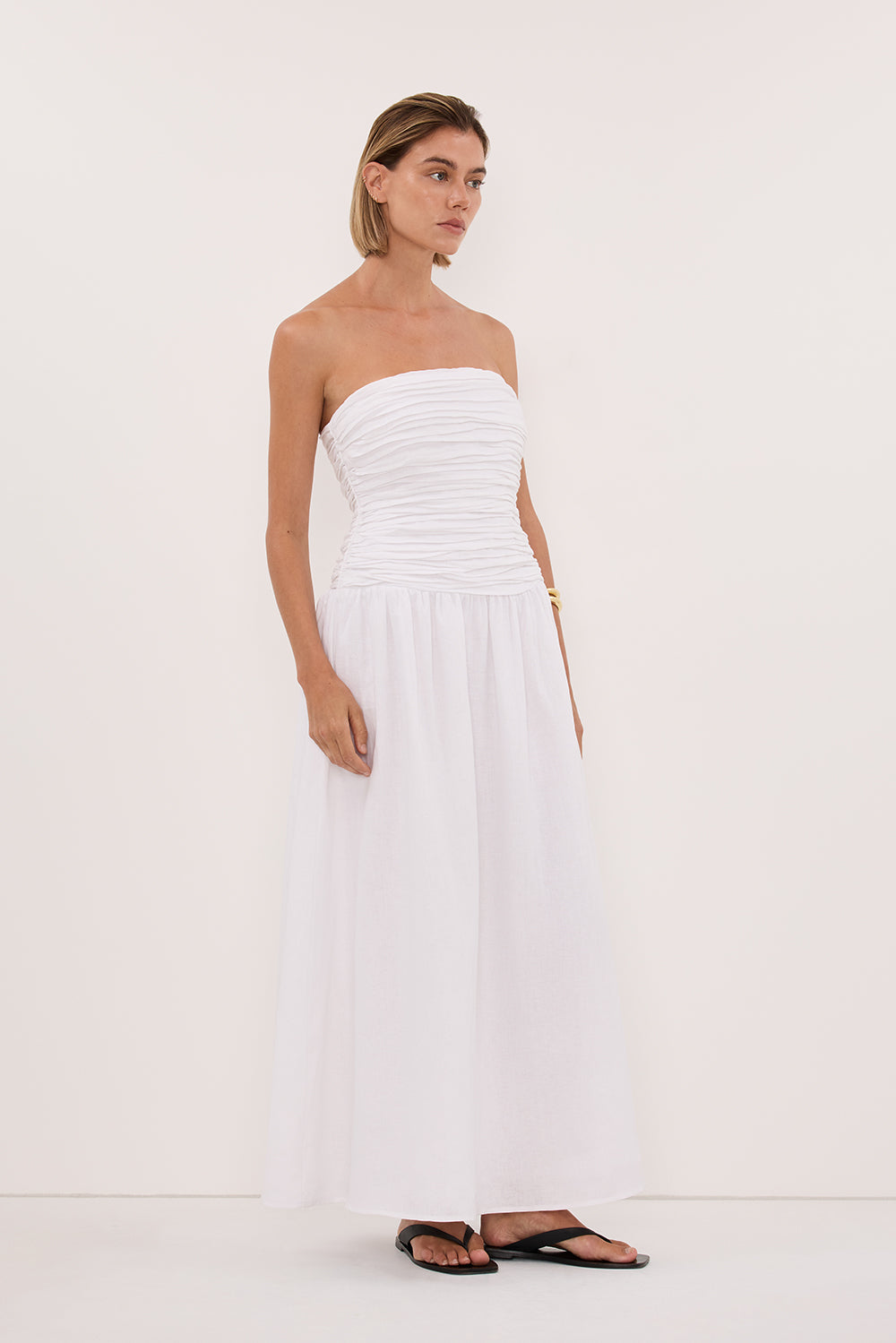 AUBRIELLA WHITE LINEN MIDI DRESS