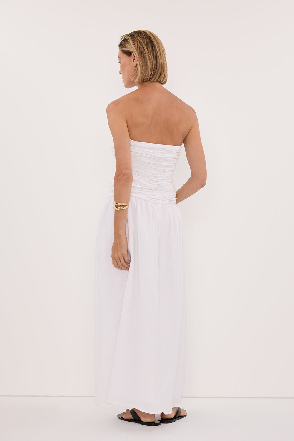 AUBRIELLA WHITE LINEN MIDI DRESS