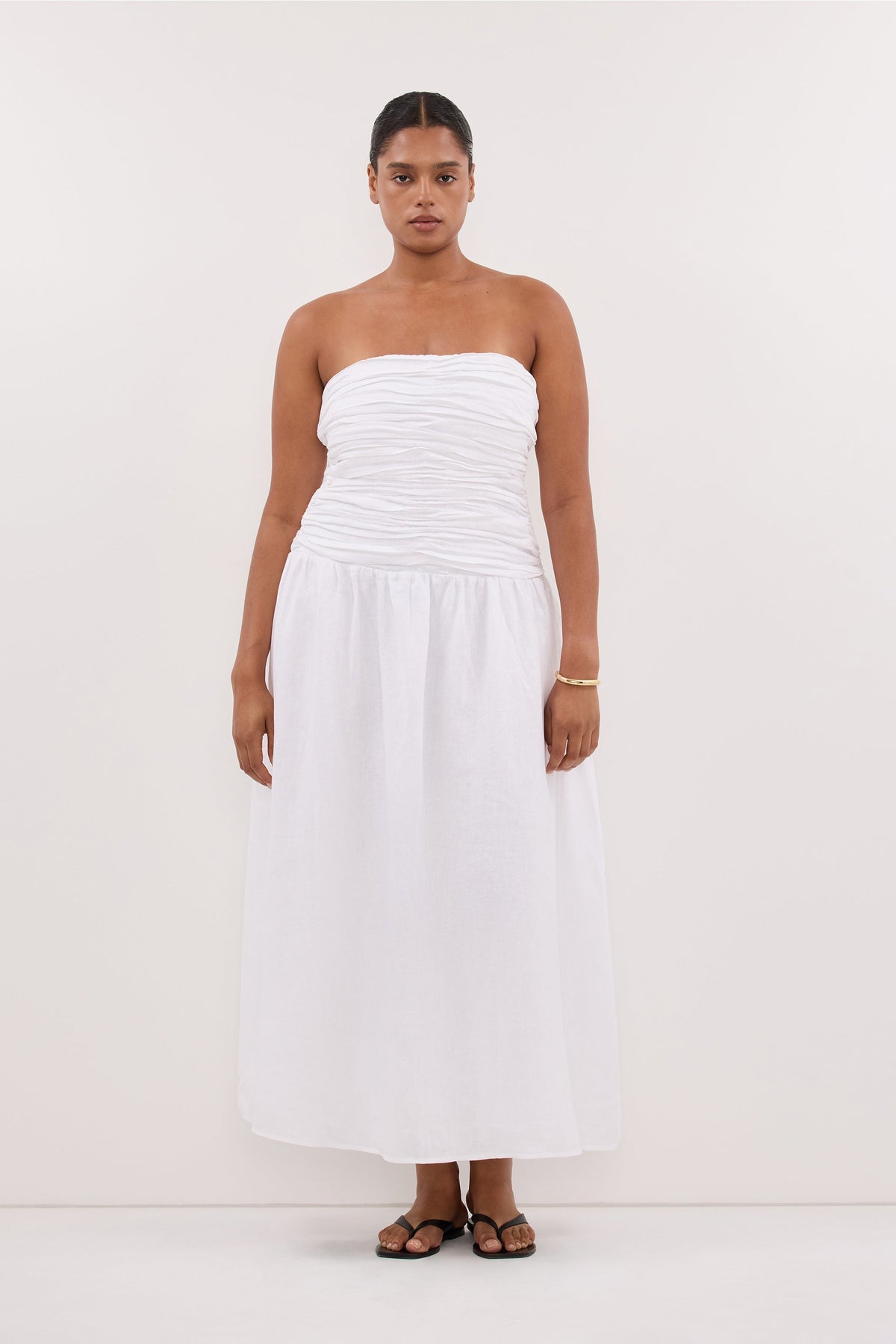 AUBRIELLA WHITE LINEN MIDI DRESS