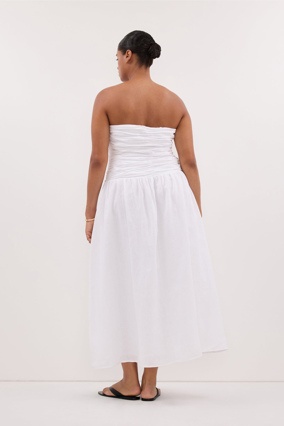 AUBRIELLA WHITE LINEN MIDI DRESS