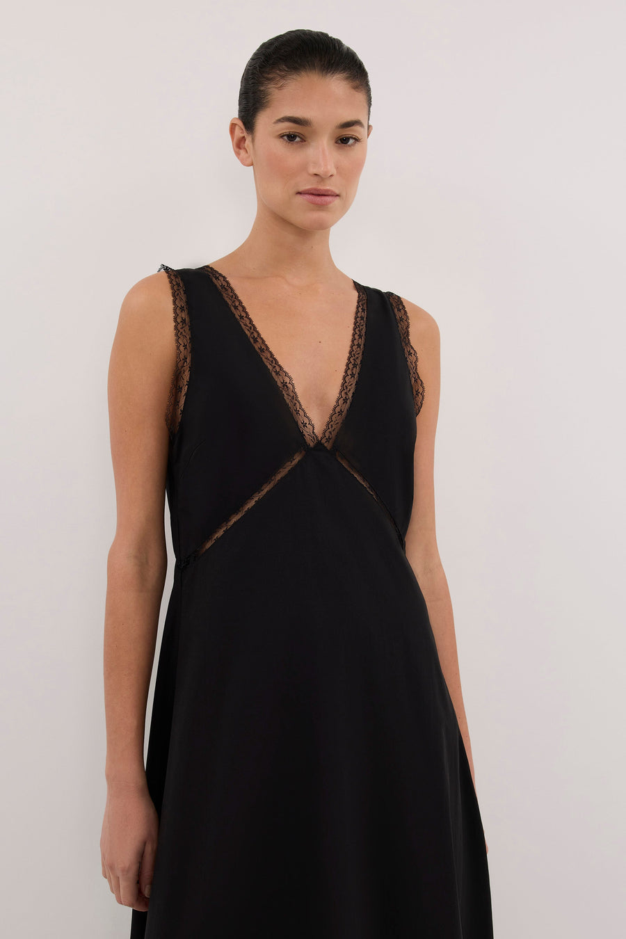 ROSIN BLACK LACE TRIM MIDI DRESS