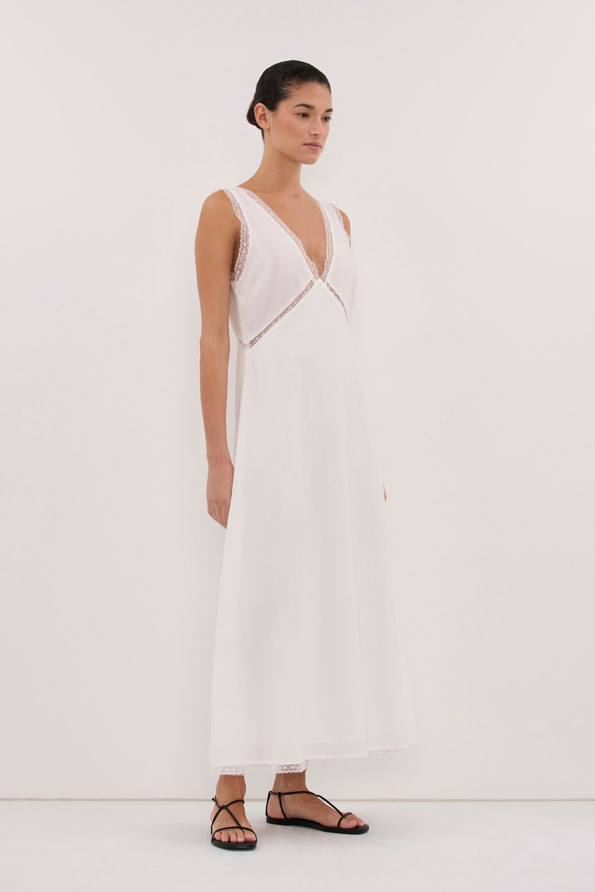 ROSIN WHITE LACE TRIM MIDI DRESS