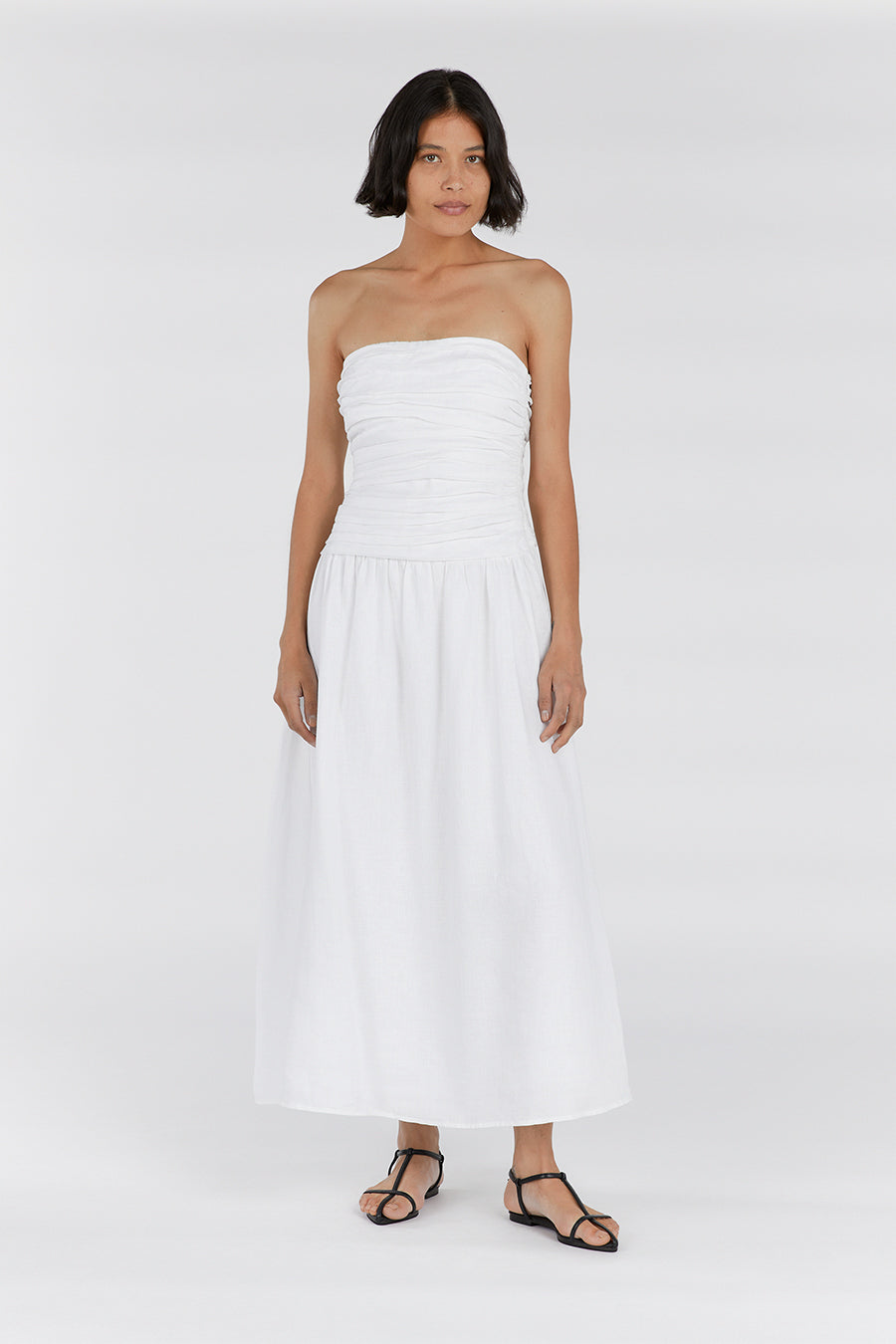 CATANIA WHITE LINEN STRAPLESS MIDI DRESS