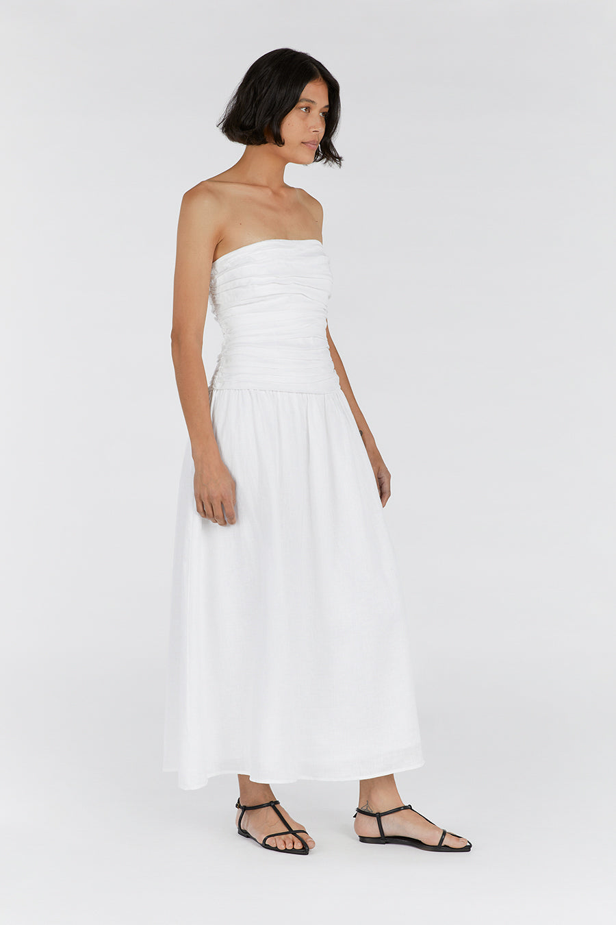 CATANIA WHITE LINEN STRAPLESS MIDI DRESS
