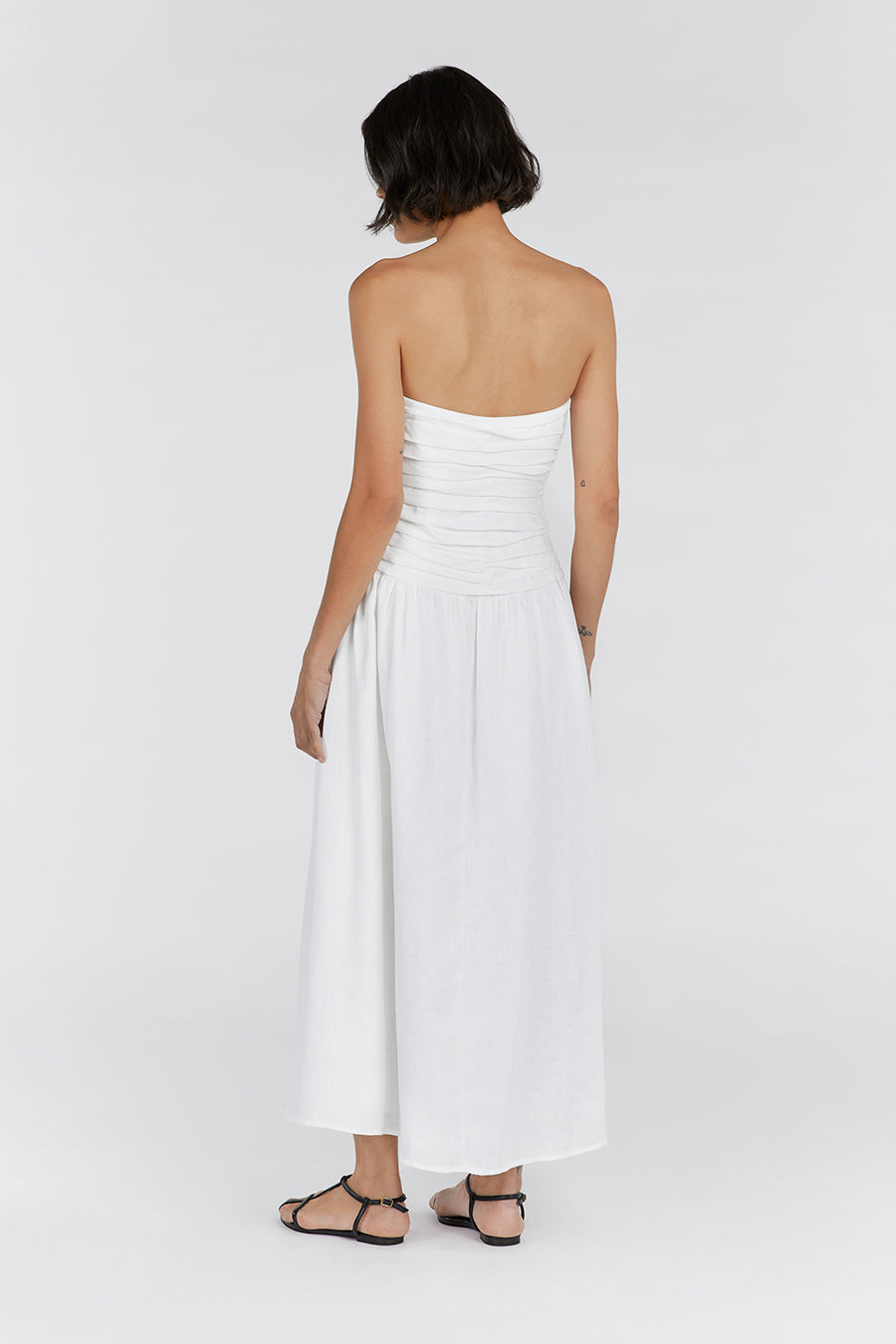CATANIA WHITE LINEN STRAPLESS MIDI DRESS