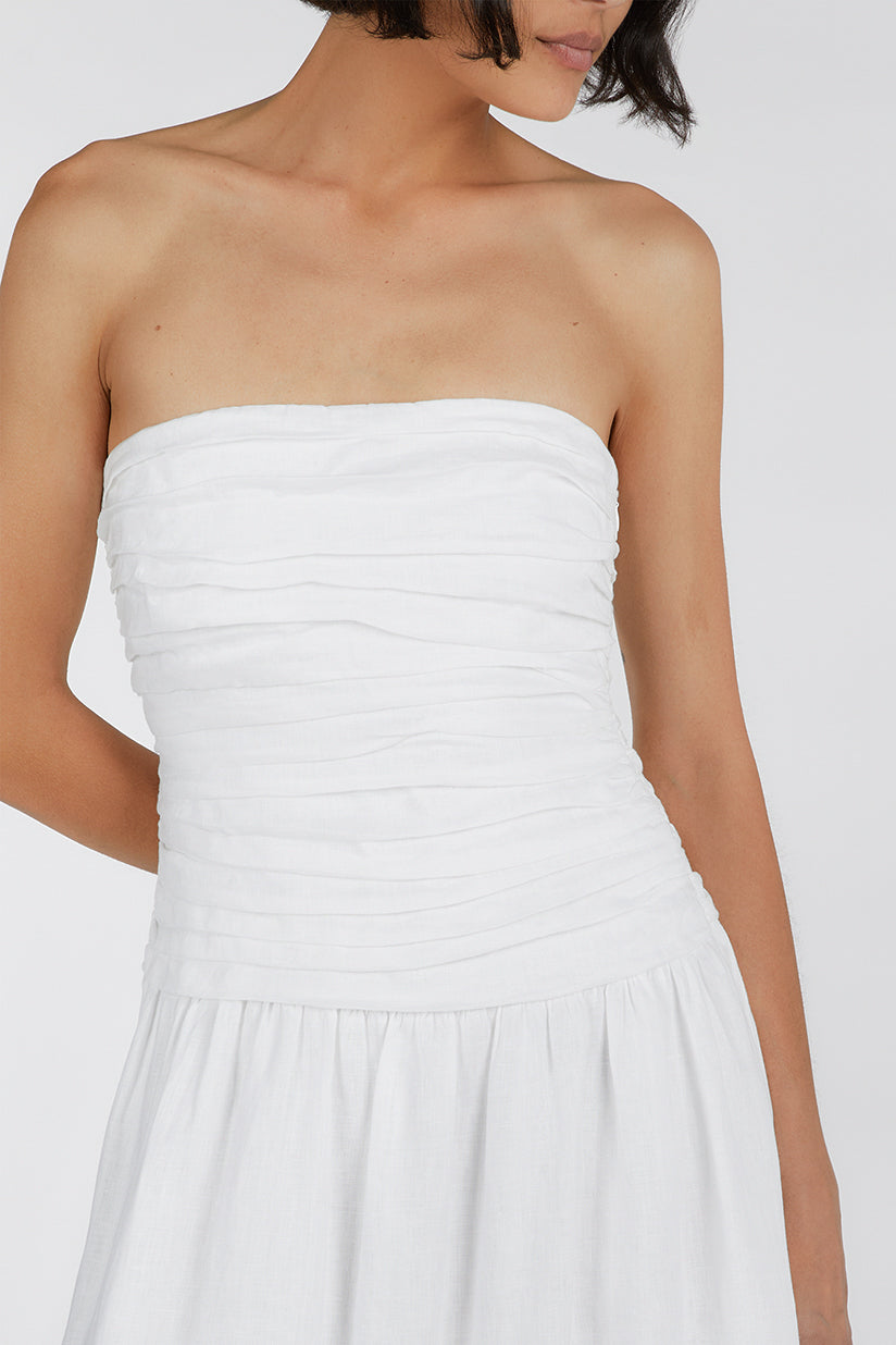 CATANIA WHITE LINEN STRAPLESS MIDI DRESS