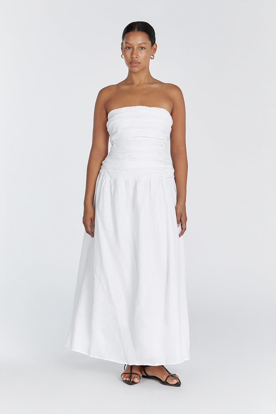CATANIA WHITE LINEN STRAPLESS MIDI DRESS