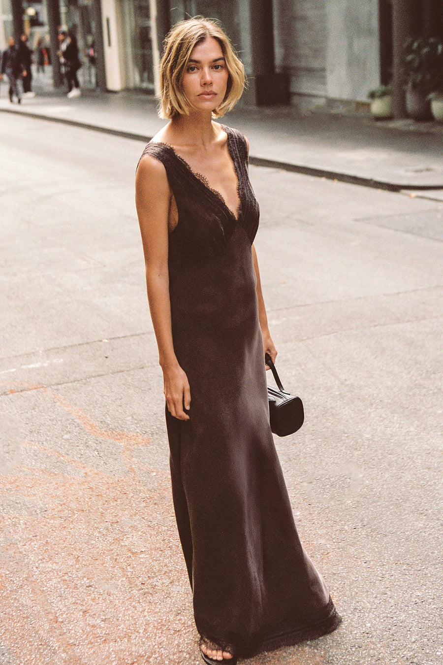 ANDREA PLUM CHOC CUPRO MIDI DRESS
